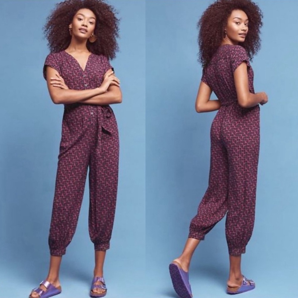 Raspberry and navy jumpsuit with side pockets teal buttons. Maeve Anthropologie